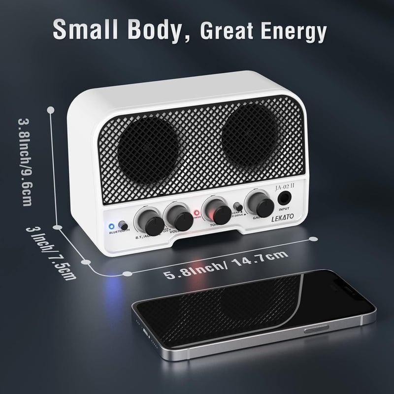 LEKATO 5W Mini Gitárerősítő Bluetooth 5.0 Funkcióval - Hordozható Elektromos Gitár Kombó Erősítő Kettős Hangszóróval, Clean és Overdrive Csa