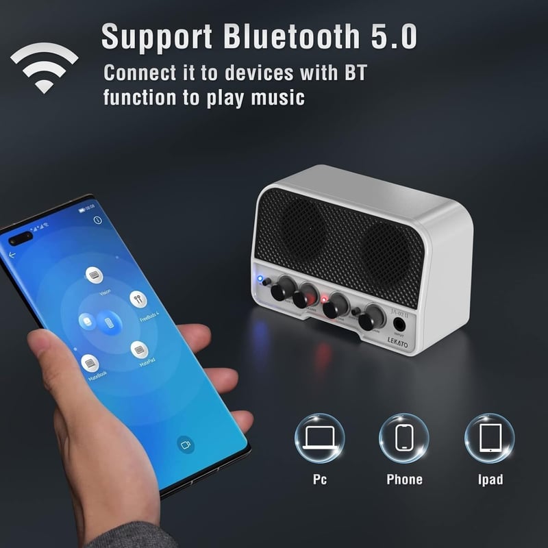 LEKATO 5W Mini Gitárerősítő Bluetooth 5.0 Funkcióval - Hordozható Elektromos Gitár Kombó Erősítő Kettős Hangszóróval, Clean és Overdrive Csa