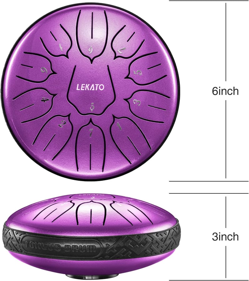 LEKATO Acél Nyelv Dob 15,2 cm, 11 Hangú D-dúr Steel Tongue Drum Kezdőknek, Meditációs Hangszer Gyöngyház Lila Színben, Ütőkkel és Táskával