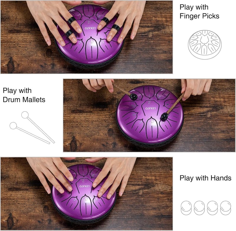 LEKATO Acél Nyelv Dob 15,2 cm, 11 Hangú D-dúr Steel Tongue Drum Kezdőknek, Meditációs Hangszer Gyöngyház Lila Színben, Ütőkkel és Táskával