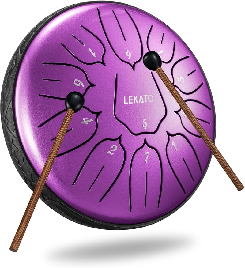 LEKATO Acél Nyelv Dob 15,2 cm, 11 Hangú D-dúr Steel Tongue Drum Kezdőknek, Meditációs Hangszer Gyöngyház Lila Színben, Ütőkkel és Táskával