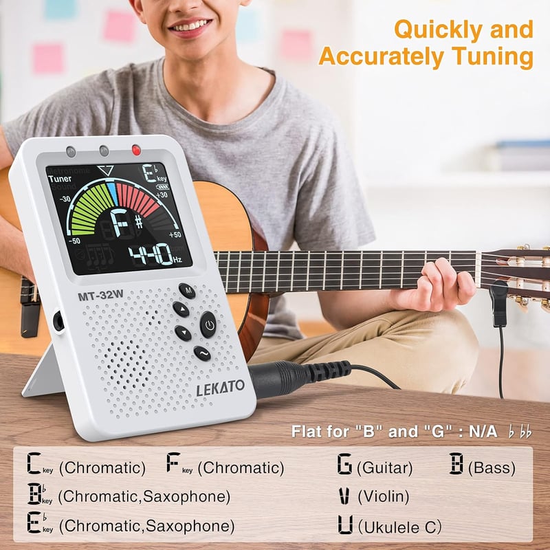 LEKATO Digitális Metronóm Hangoló - Újratölthető, Nagy LCD Kijelző, Gitár, Basszus, Hegedű, Ukulele Hangszerekhez, Fehér