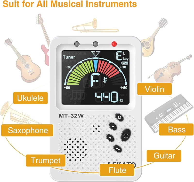 LEKATO Digitális Metronóm Hangoló - Újratölthető, Nagy LCD Kijelző, Gitár, Basszus, Hegedű, Ukulele Hangszerekhez, Fehér
