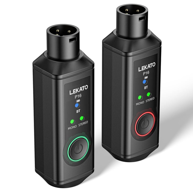 LEKATO P16 Bluetooth XLR prijímač, Hi-Fi stereo audio prijímač s dosahom 50 m, 15-hodinovou výdržou batérie, mono/stereo režimom, pre PA a DJ mixážne pulty