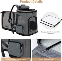 Lekesky nagy összecsukható kisállat hátizsák 8-10 kg-ig, biztonsági pórázzal - XL, szürke 4