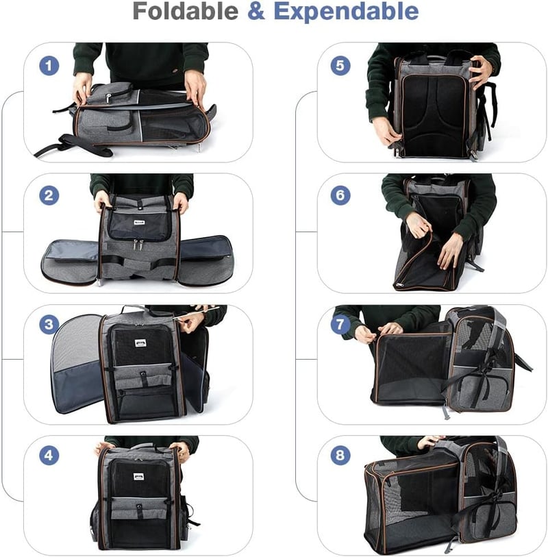 Lekespring Expandable hátizsák macskáknak kutyáknak 8kg-ig szürke biztonsági vezetékkel