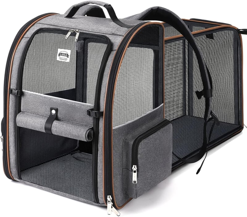 Lekespring Expandable hátizsák macskáknak kutyáknak 8kg-ig szürke biztonsági vezetékkel