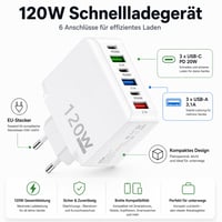Leloco 120W USB-C nabíjačka, 6-portová rýchlonabíjačka (3x USB-A + 3x USB-C), pre iPhone 16/15/14/13, iPad, Samsung, Google Pixel, notebooky a tablety 4