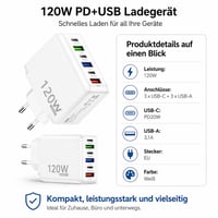 Leloco 120W USB-C nabíjačka, 6-portová rýchlonabíjačka (3x USB-A + 3x USB-C), pre iPhone 16/15/14/13, iPad, Samsung, Google Pixel, notebooky a tablety 3