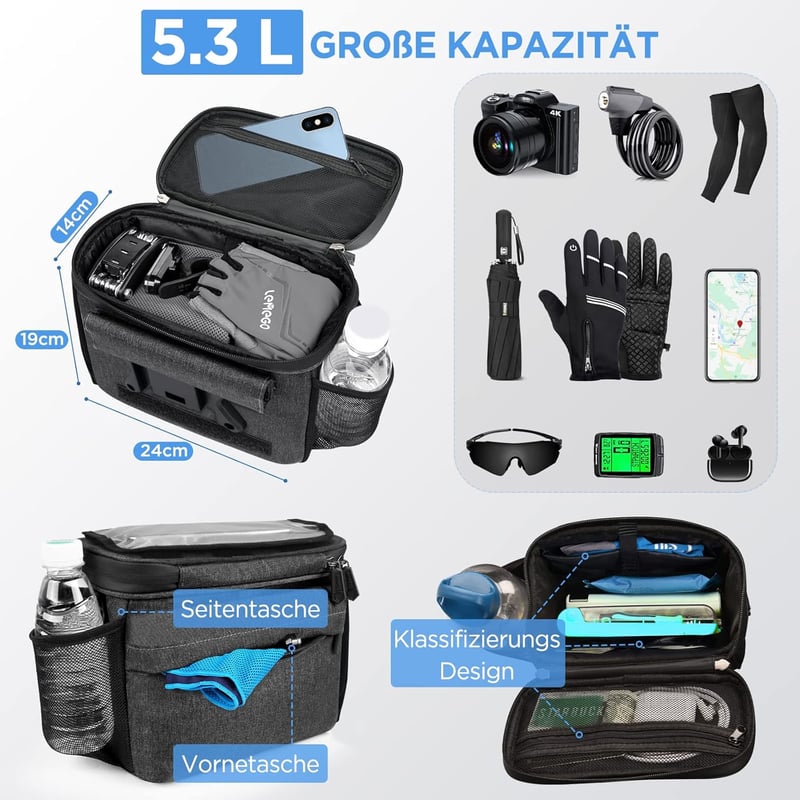 LEMEGO 5.3L Vízálló Kormánytáska E-Bike és Kerékpár Telefontartóval