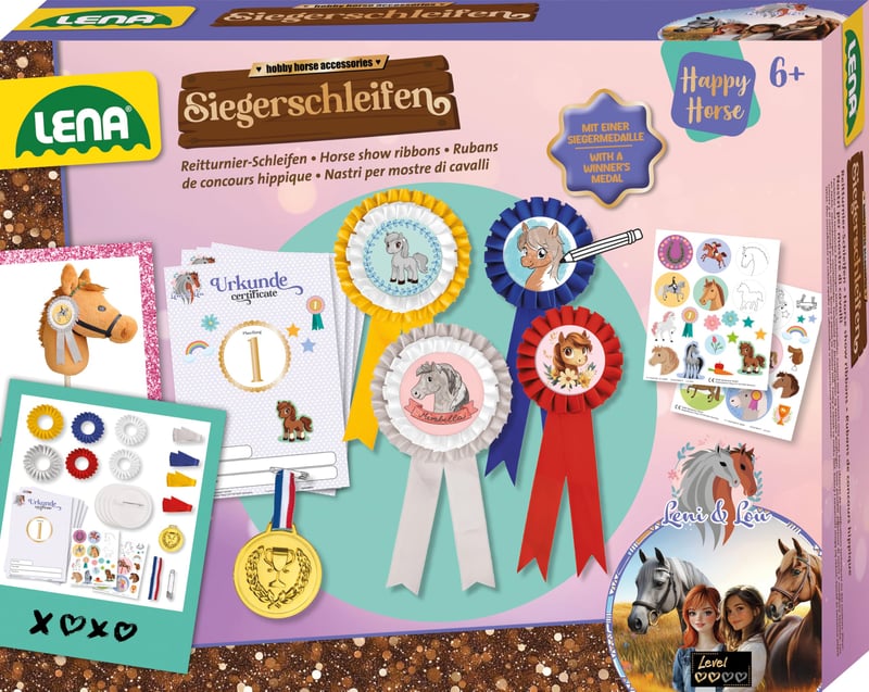Lena Happy Horse Hobby Horsing kreatívna súprava na výrobu víťazných stúh – 4 rozety, medaila, trblietavá plsť a šablóny na diplomy, darčeková súprava od 6 rokov