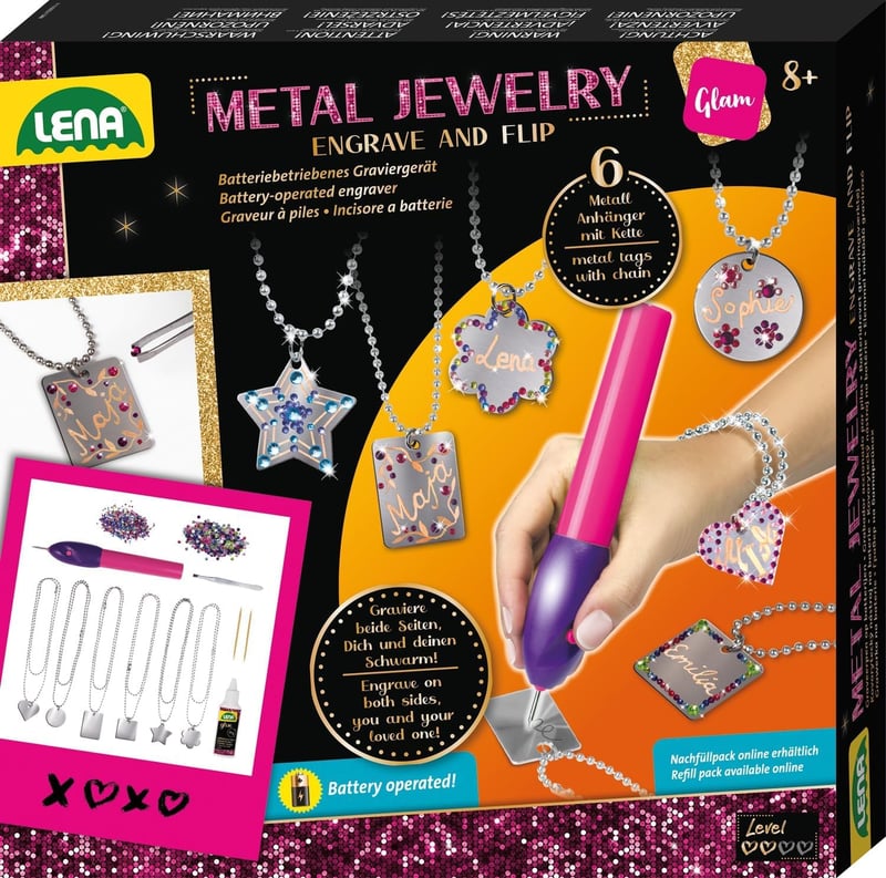 Kreatívna súprava na výrobu šperkov Lena Jewellery Studio pre dievčatá – s gravírovacím nástrojom, tvorba náhrdelníkov, prívesky a kamienky, od 8 rokov