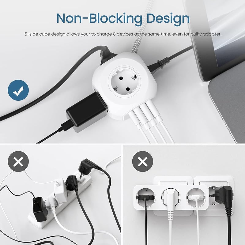 LENCENT 8az1-ben kocka elosztó 3 USB + Type-C porttal 2m vezetékkel - 2 m