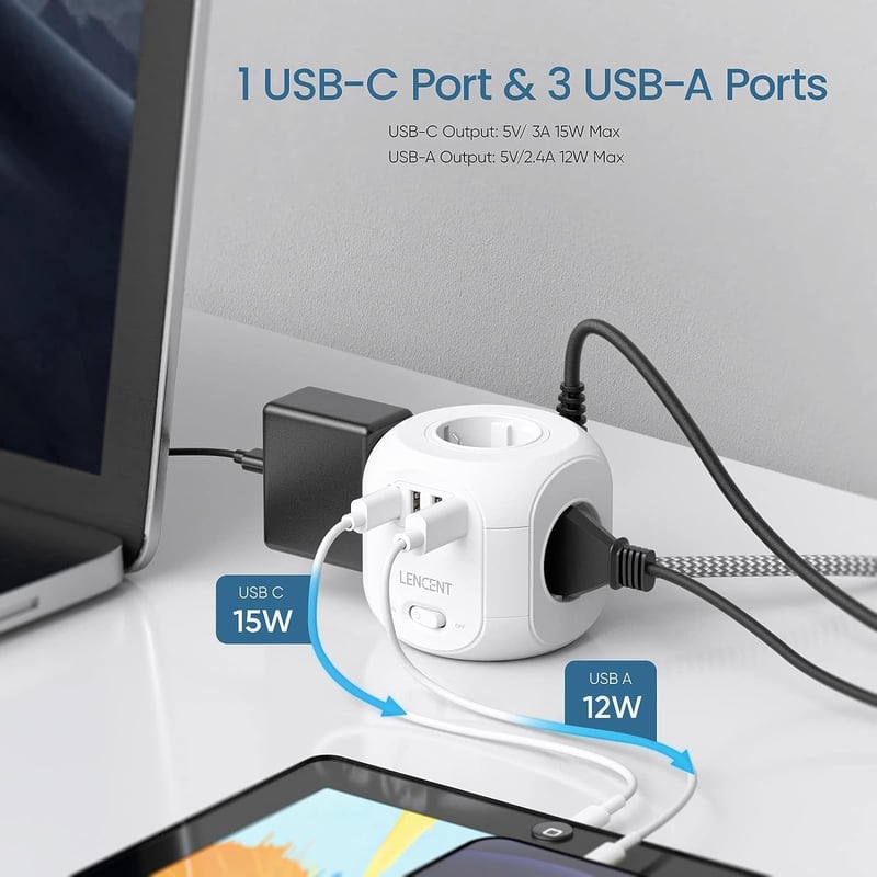 LENCENT 8az1-ben kocka elosztó 3 USB + Type-C porttal 2m vezetékkel - 2 m