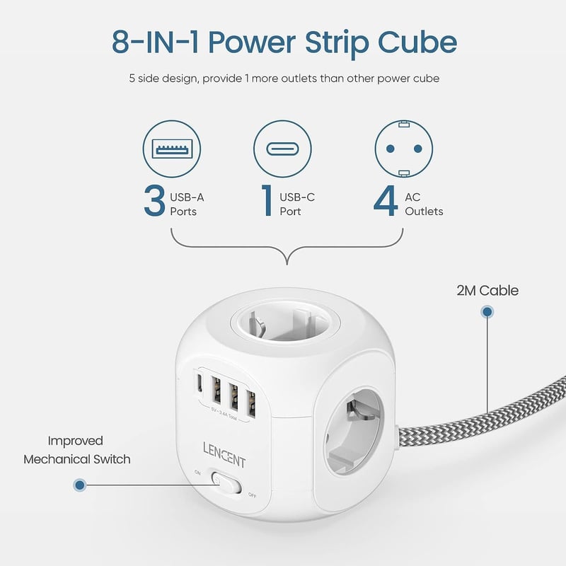 LENCENT 8az1-ben kocka elosztó 3 USB + Type-C porttal 2m vezetékkel - 2 m