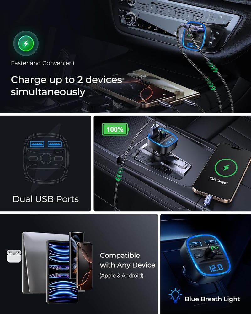 LENCENT Bluetooth FM Transzmitter Autóba - Kihangosító, Dupla USB Töltő, SD Kártya Támogatás, Zajszűrő Technológia, Szivargyújtós Zenelejáts