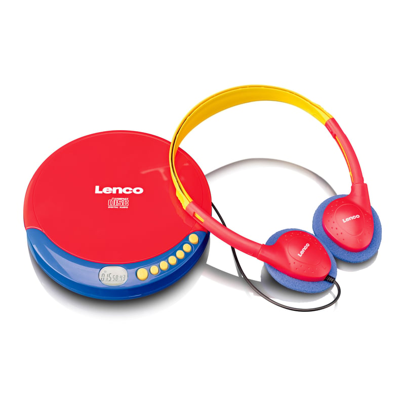 CD player portabil Lenco CD-021 pentru copii - cu căști, limitator de volum, baterie încorporată, CD-R/RW - Roșu/Albastru