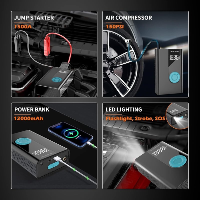 Lenercom 1500A Autós Bikázó Powerbank Beépített 150 PSI Digitális Kompresszorral - 12V Indításrásegítő QC3.0 Gyorstöltéssel, 4 az 1-ben Akku