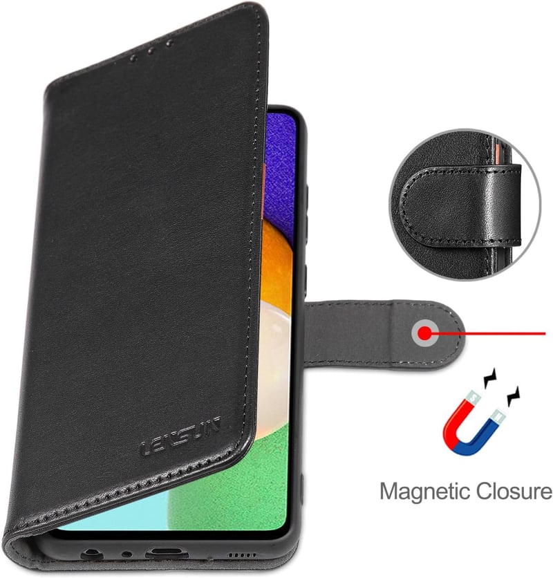 LENSUN Samsung Galaxy A52 valódi bőr tok mágneses zárral bordó