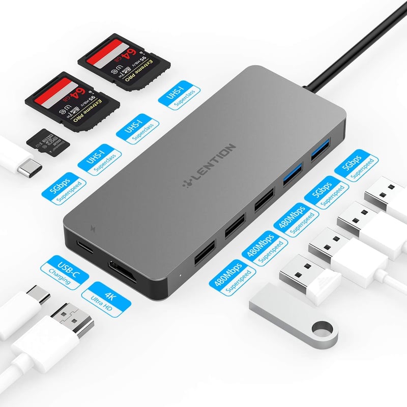 LENTION 11-in-1 USB C Hub 4K HDMI Kimenettel, SD/TF Kártyaolvasóval, USB 3.0/2.0 Portokkal, 100W PD Töltéssel MacBook Pro/Air, iPad Pro, Sur