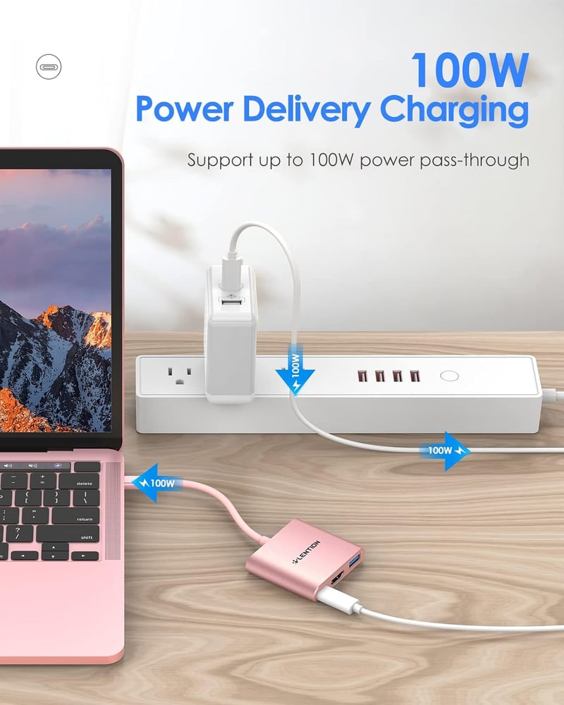 LENTION 3-in-1 USB C Hub HDMI és USB 3.0 portokkal, 100W gyorstöltéssel, MacBook Pro/Air, Surface kompatibilis, rózsaarany