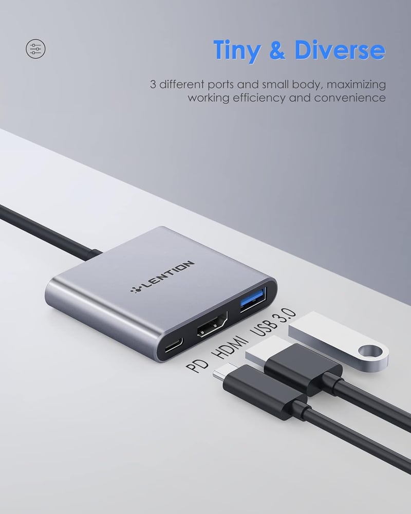 LENTION 3-in-1 USB C Hub HDMI és USB 3.0 portokkal, MacBook Pro/Air, Surface kompatibilis, 5Gbps adatátvitel, Space Grey
