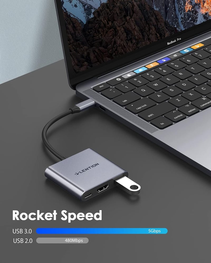 LENTION 3-in-1 USB C Hub HDMI és USB 3.0 portokkal, MacBook Pro/Air, Surface kompatibilis, 5Gbps adatátvitel, Space Grey