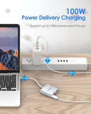 LENTION 3-u-1 USB C Hub HDMI, USB 3.0 i Type C priključcima - kompatibilan s MacBook Pro/Air, Surface - Srebrni multiport adapter s brzim punjenjem