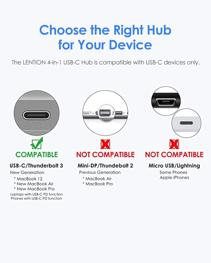 LENTION 4 az 1-ben USB-C Hub 100W töltéssel, 5Gbps USB 3.0 porttal, MacBook Pro/Air, Surface és ChromeBook eszközökhöz, alumínium kivitel