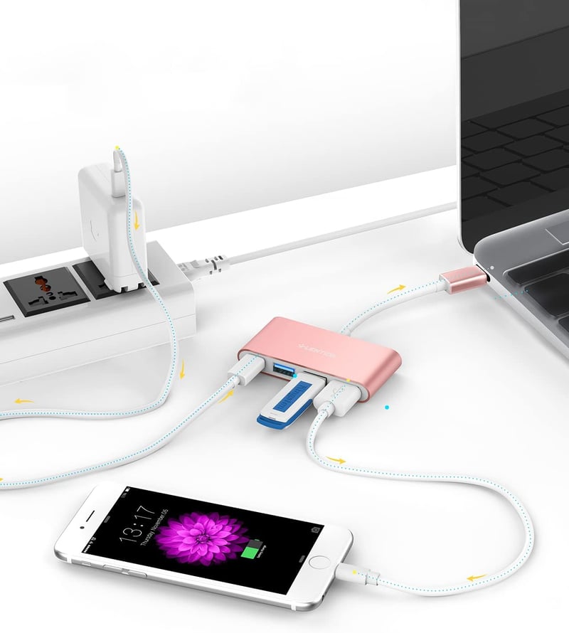 LENTION 4 az 1-ben USB-C Hub 100W Töltéssel, 5Gbps USB 3.0, MacBook Pro/Air Kompatibilis, Rose Gold Alumínium Adapter, Plug & Play