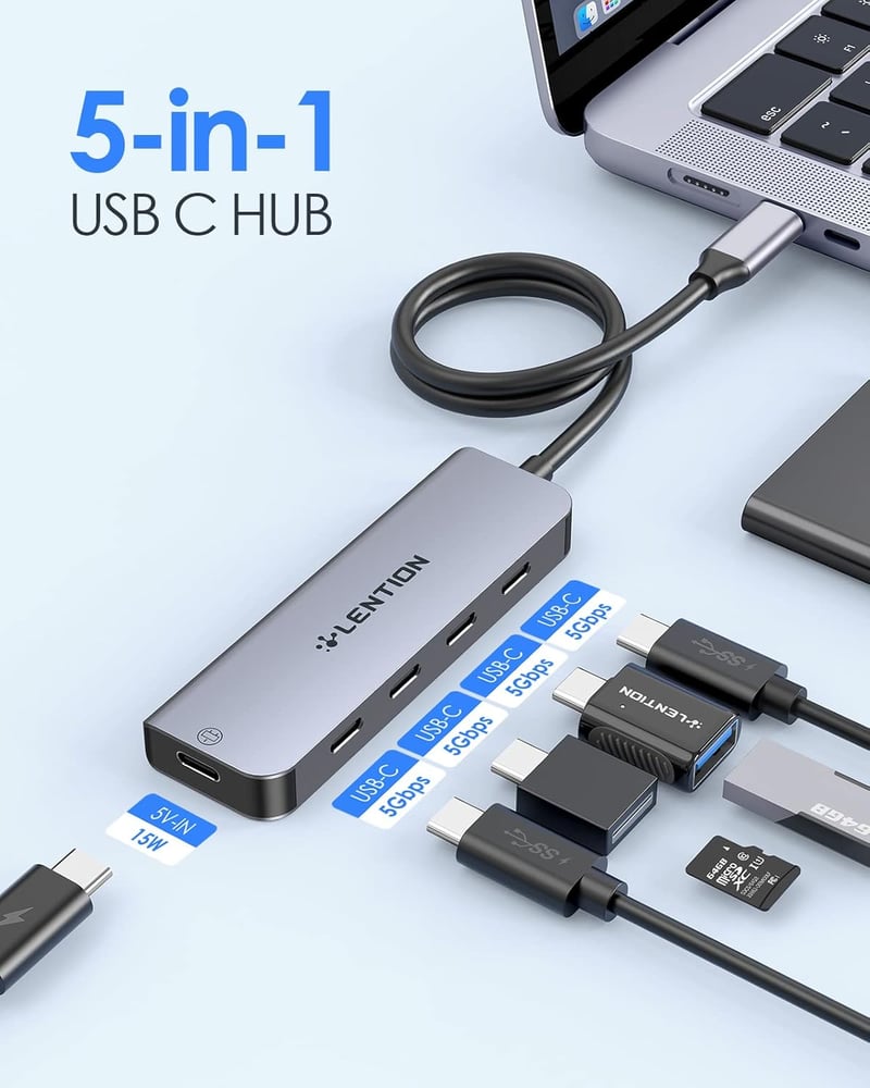 LENTION 4 az 1-ben USB-C Hub 4x USB-C 5Gbps porttal, 0,6m kábellel, 5V tápellátással - MacBook Pro/Air/iMac 2016-2023 kompatibilis, Space Gr
