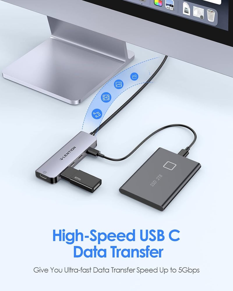 LENTION 4 az 1-ben USB-C Hub 4x USB-C 5Gbps porttal, 0,6m kábellel, 5V tápellátással - MacBook Pro/Air/iMac 2016-2023 kompatibilis, Space Gr