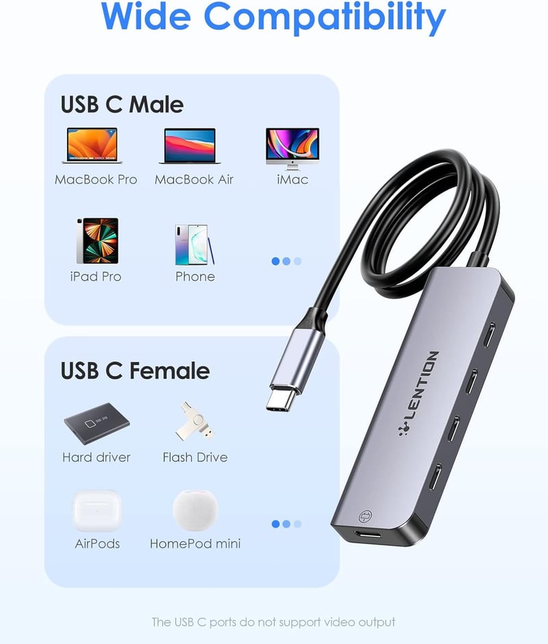 LENTION 4 az 1-ben USB-C Hub 4x USB-C 5Gbps porttal, 0,6m kábellel, 5V tápellátással - MacBook Pro/Air/iMac 2016-2023 kompatibilis, Space Gr