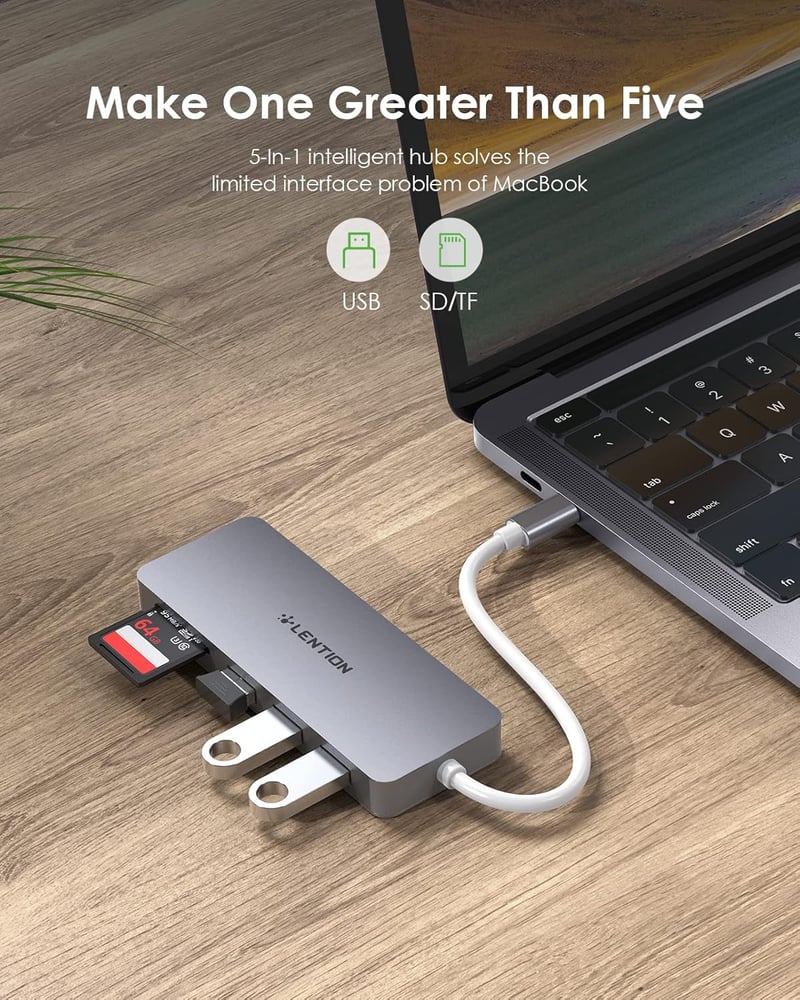LENTION 5 az 1-ben USB-C Hub - 3 USB 3.0 Port + SD/TF Kártyaolvasó - MacBook, ChromeBook, Dell XPS, Asus ZenBook és USB-C Portos Laptopokhoz
