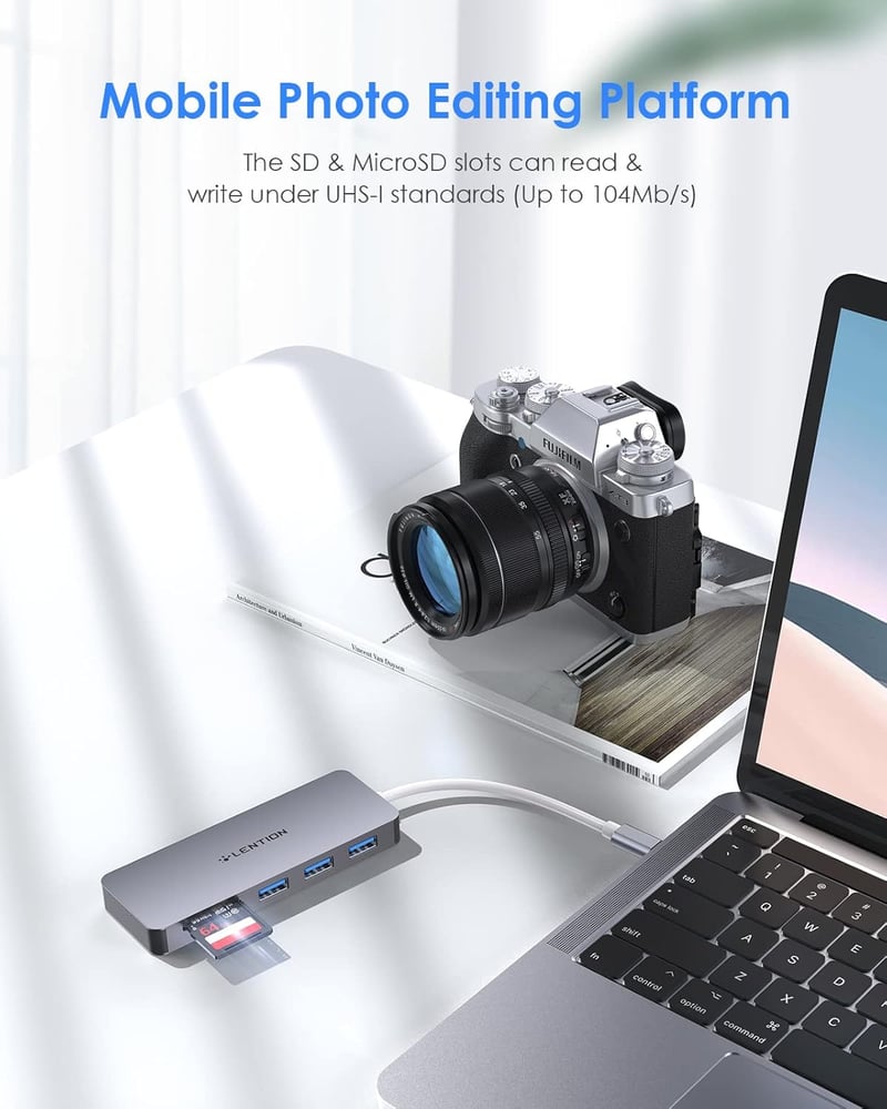 LENTION 5 az 1-ben USB-C Hub - 3 USB 3.0 Port + SD/TF Kártyaolvasó - MacBook, ChromeBook, Dell XPS, Asus ZenBook és USB-C Portos Laptopokhoz