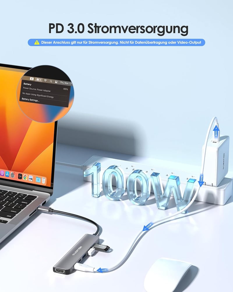 LENTION 6-in-1 USB-C Hub 4K HDMI Adapter 100W PD Töltéssel, MacBook Pro/Air, iPhone 16/15 Kompatibilis, Thunderbolt 3/4 Csatlakozóval