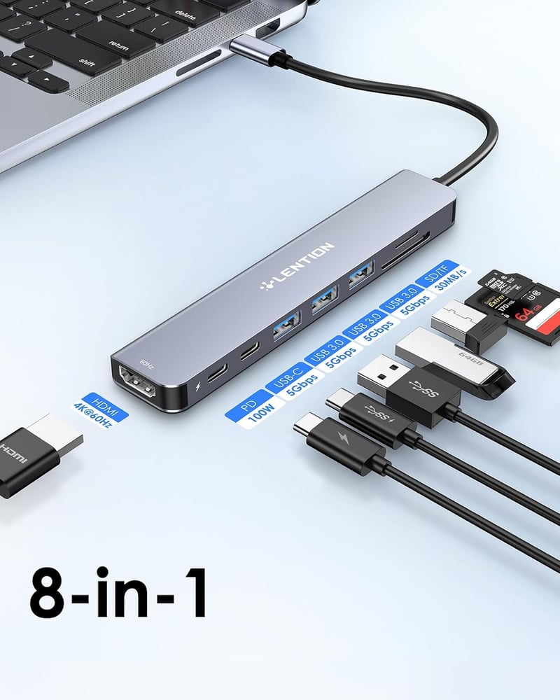 LENTION 8-in-1 USB-C Hub 4K60Hz HDMI, 100W PD, SD/TF Kártyaolvasó, MacBook Pro/Air, iPhone 16/15 Kompatibilis Adapter