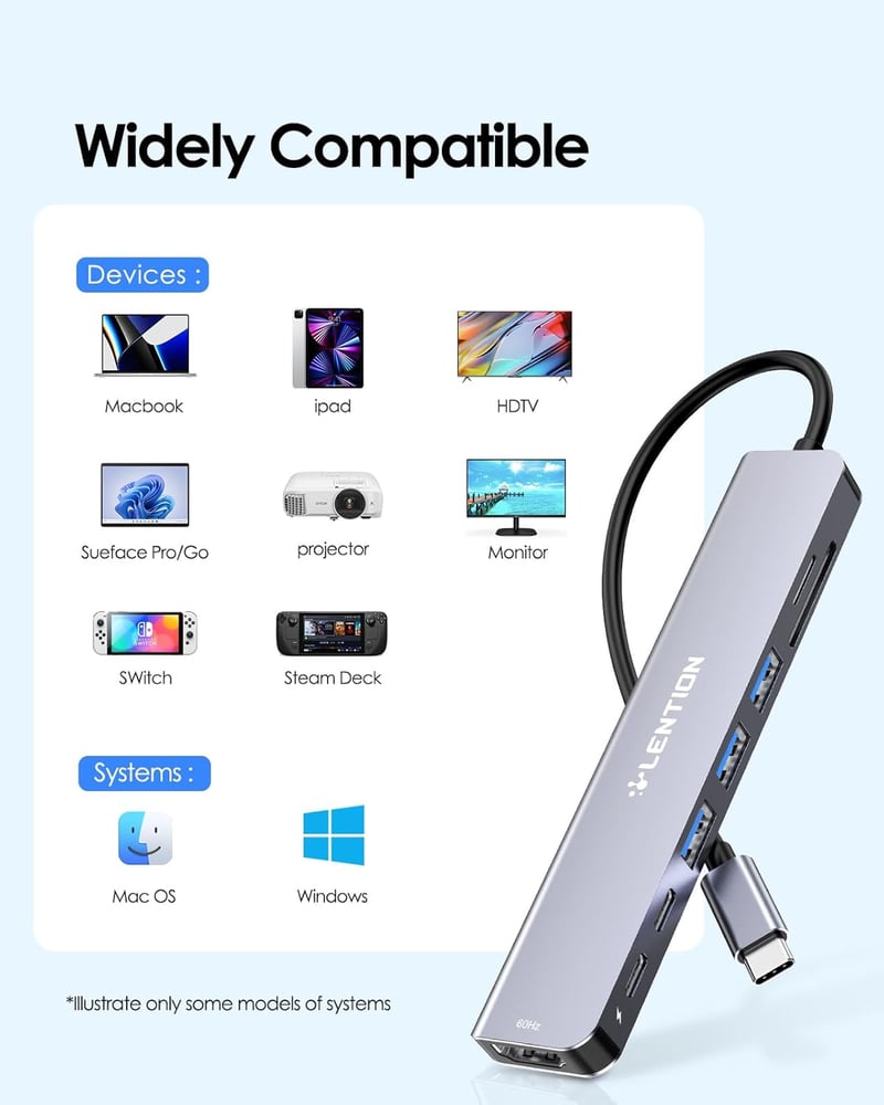 LENTION 8-in-1 USB-C Hub 4K60Hz HDMI, 100W PD, SD/TF Kártyaolvasó, MacBook Pro/Air, iPhone 16/15 Kompatibilis Adapter