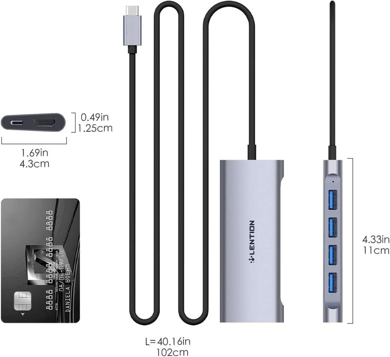 LENTION USB C Hub 1m Kábellel - 4K HDMI, 4 USB 3.0, 60W Töltés - MacBook Pro/Air, Surface, Chromebook és Laptopok Kompatibilis Multiport Ada