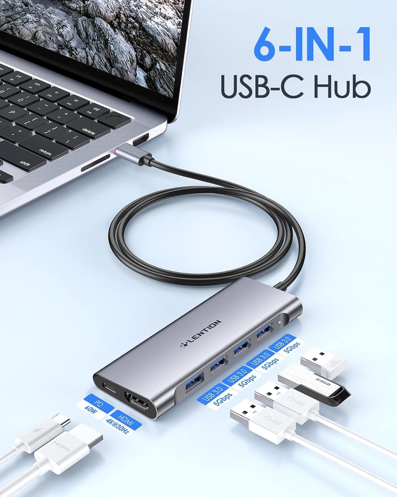 LENTION USB C Hub 1m Kábellel - 4K HDMI, 4 USB 3.0, 60W Töltés - MacBook Pro/Air, Surface, Chromebook és Laptopok Kompatibilis Multiport Ada
