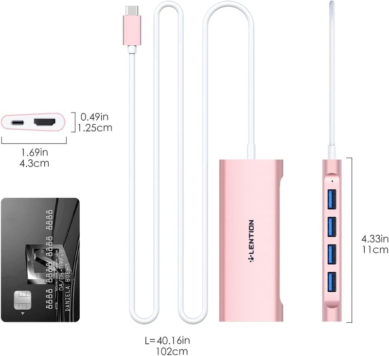 LENTION USB C Hub 1m Kábellel - 4K HDMI, 4 USB 3.0, 60W Töltés - MacBook Pro/Air, Surface, Chromebook Kompatibilis Adapter - Rózsaarany