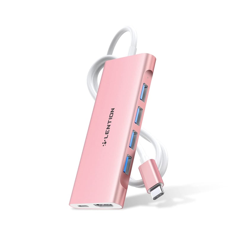 LENTION USB C Hub s 1m kabelom - 4K HDMI, 4 USB 3.0, 60W punjenje - Kompatibilan adapter za MacBook Pro/Air, Surface, Chromebook - Ružičasto zlato