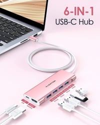 LENTION USB C Hub 1m Kábellel - 4K HDMI, 4 USB 3.0, 60W Töltés - MacBook Pro/Air, Surface, Chromebook Kompatibilis Adapter - Rózsaarany 2