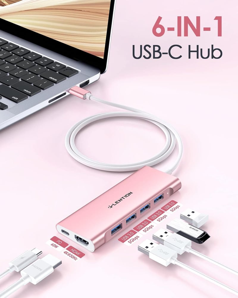 LENTION USB C Hub 1m Kábellel - 4K HDMI, 4 USB 3.0, 60W Töltés - MacBook Pro/Air, Surface, Chromebook Kompatibilis Adapter - Rózsaarany