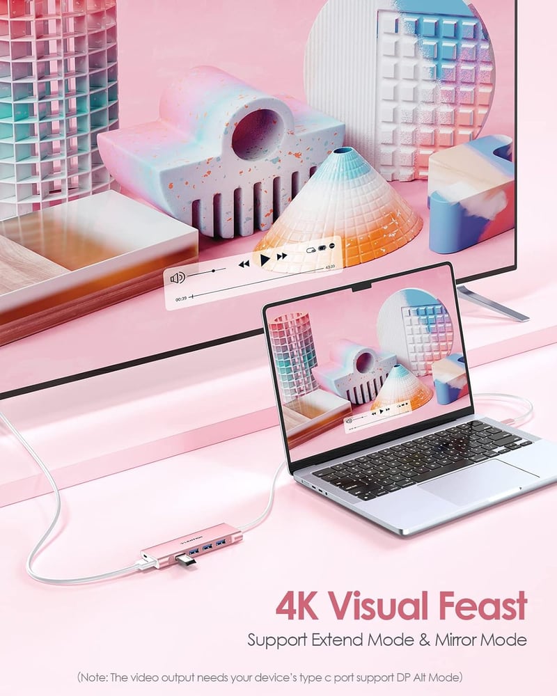LENTION USB C Hub 1m Kábellel - 4K HDMI, 4 USB 3.0, 60W Töltés - MacBook Pro/Air, Surface, Chromebook Kompatibilis Adapter - Rózsaarany