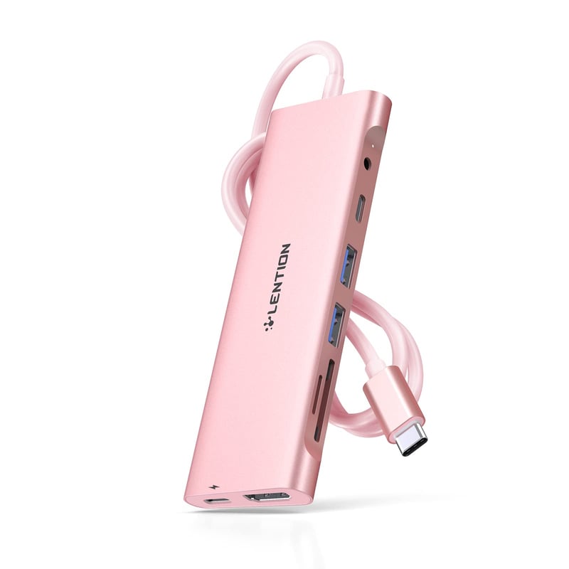 LENTION USB-C Hub s kabelom od 1m - 4K HDMI, USB 3.0, čitač SD kartica, 60W punjenje - Kompatibilan s MacBook Pro/Air, Surface, Chromebook - Ružičasto zlato