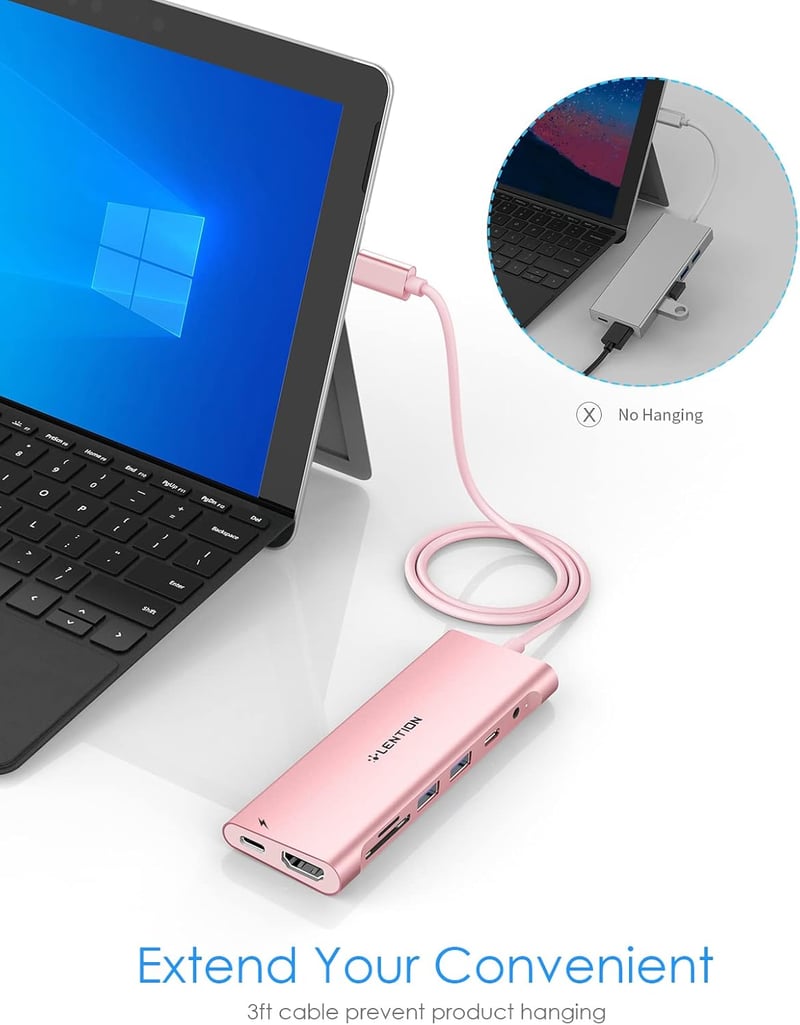 LENTION USB-C Hub 1m Kábellel - 4K HDMI, USB 3.0, SD Kártyaolvasó, 60W Töltés - MacBook Pro/Air, Surface, Chromebook Kompatibilis - Rozéaran