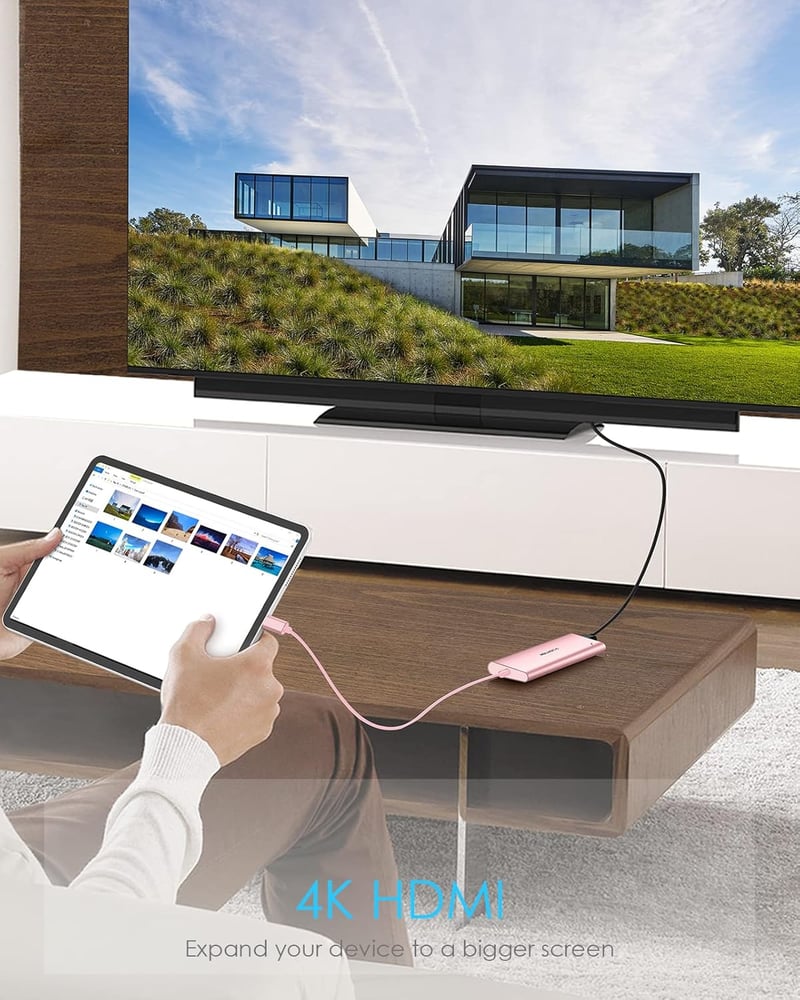 LENTION USB-C Hub 1m Kábellel - 4K HDMI, USB 3.0, SD Kártyaolvasó, 60W Töltés - MacBook Pro/Air, Surface, Chromebook Kompatibilis - Rozéaran
