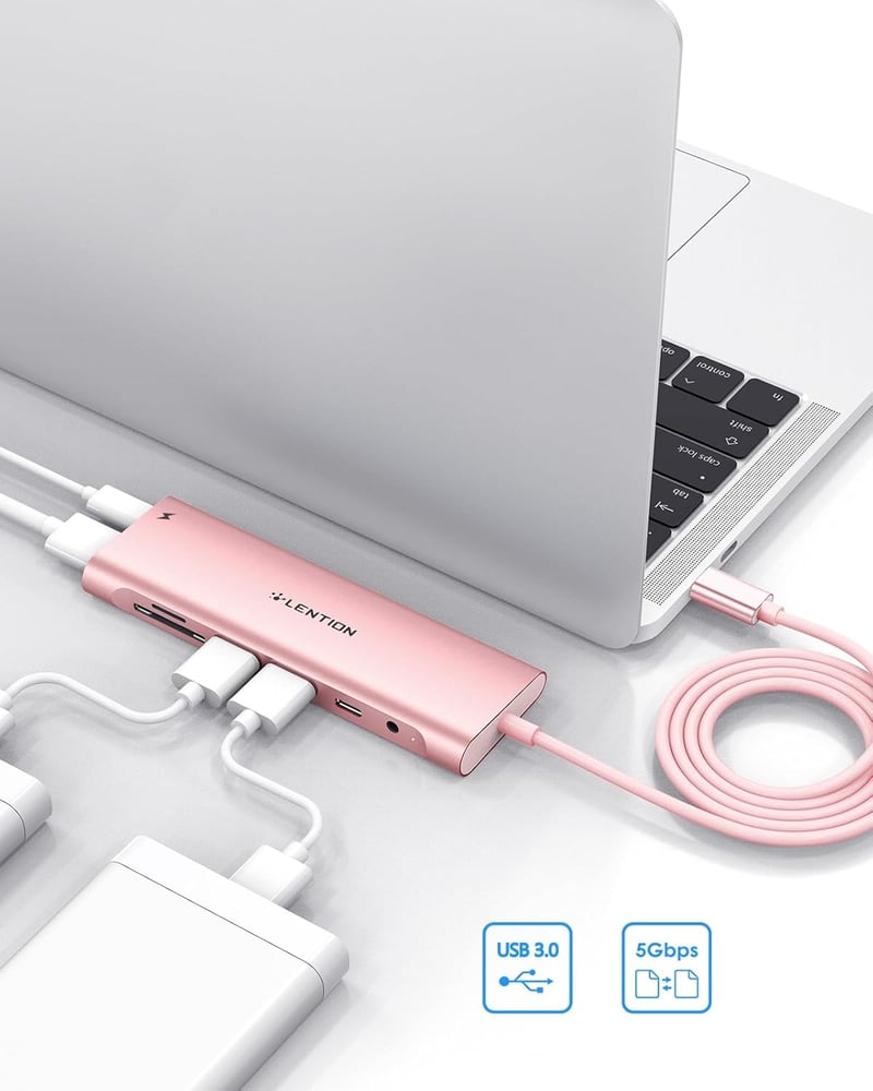 LENTION USB-C Hub 1m Kábellel - 4K HDMI, USB 3.0, SD Kártyaolvasó, 60W Töltés - MacBook Pro/Air, Surface, Chromebook Kompatibilis - Rozéaran
