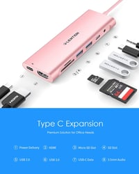 LENTION USB-C Hub 1m Kábellel - 4K HDMI, USB 3.0, SD Kártyaolvasó, 60W Töltés - MacBook Pro/Air, Surface, Chromebook Kompatibilis - Rozéaran 3